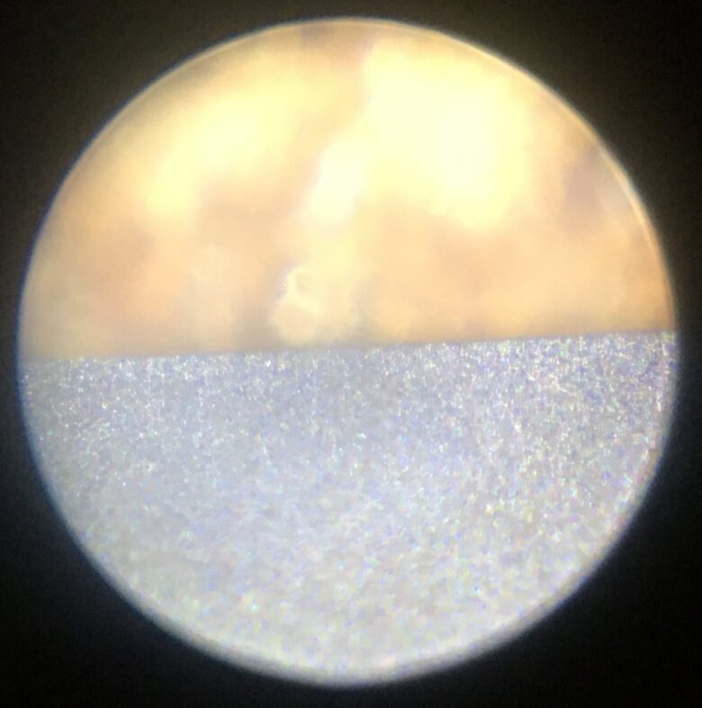 天然砥石（敷内曇）で仕上げた鉋刃の顕微鏡写真（x100）